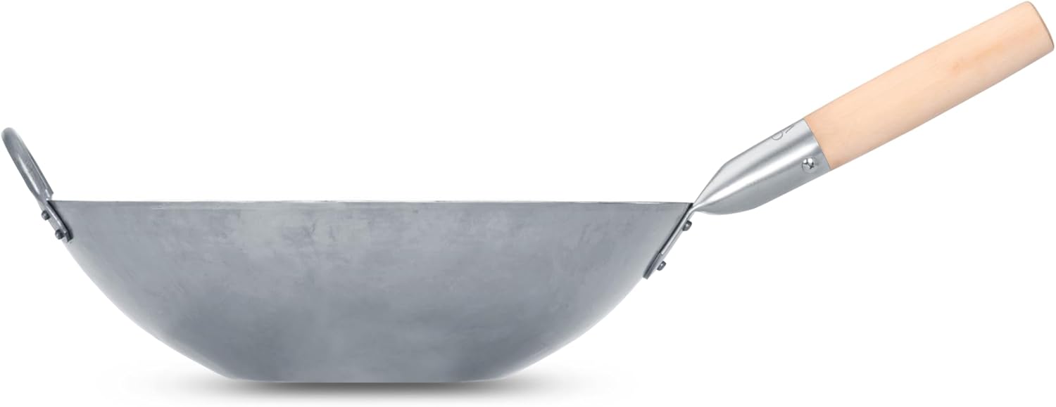 14 Inch Craft Wok Flat Bottom Carbon Steel Pow Wok with Wooden and Steel Handle