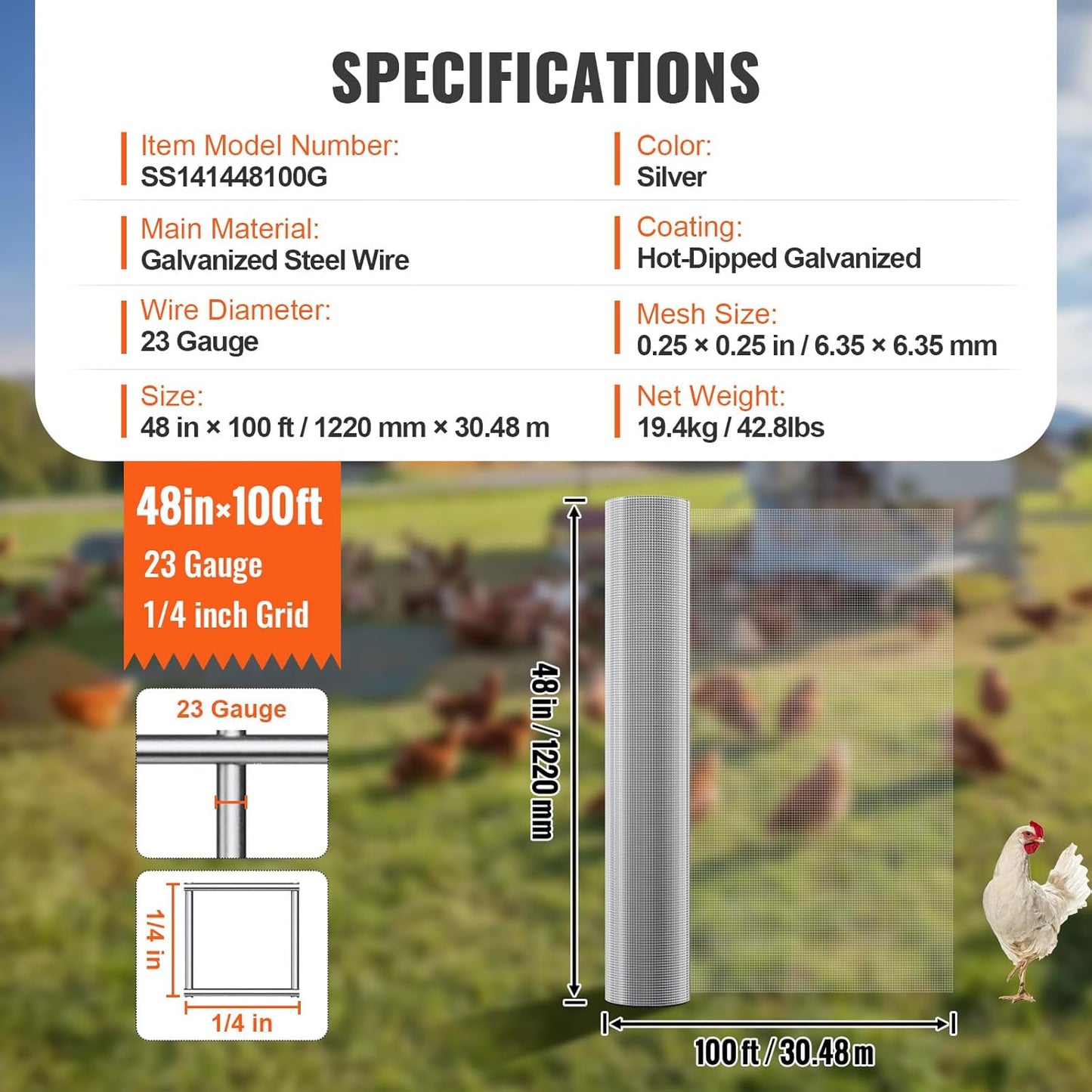 1/4 inch Hardware Cloth 48in x 100ft - 23 Gauge Galvanized Wire Mesh Roll for Chicken Coops, Rabbit Cages, Garden, Small Rodents