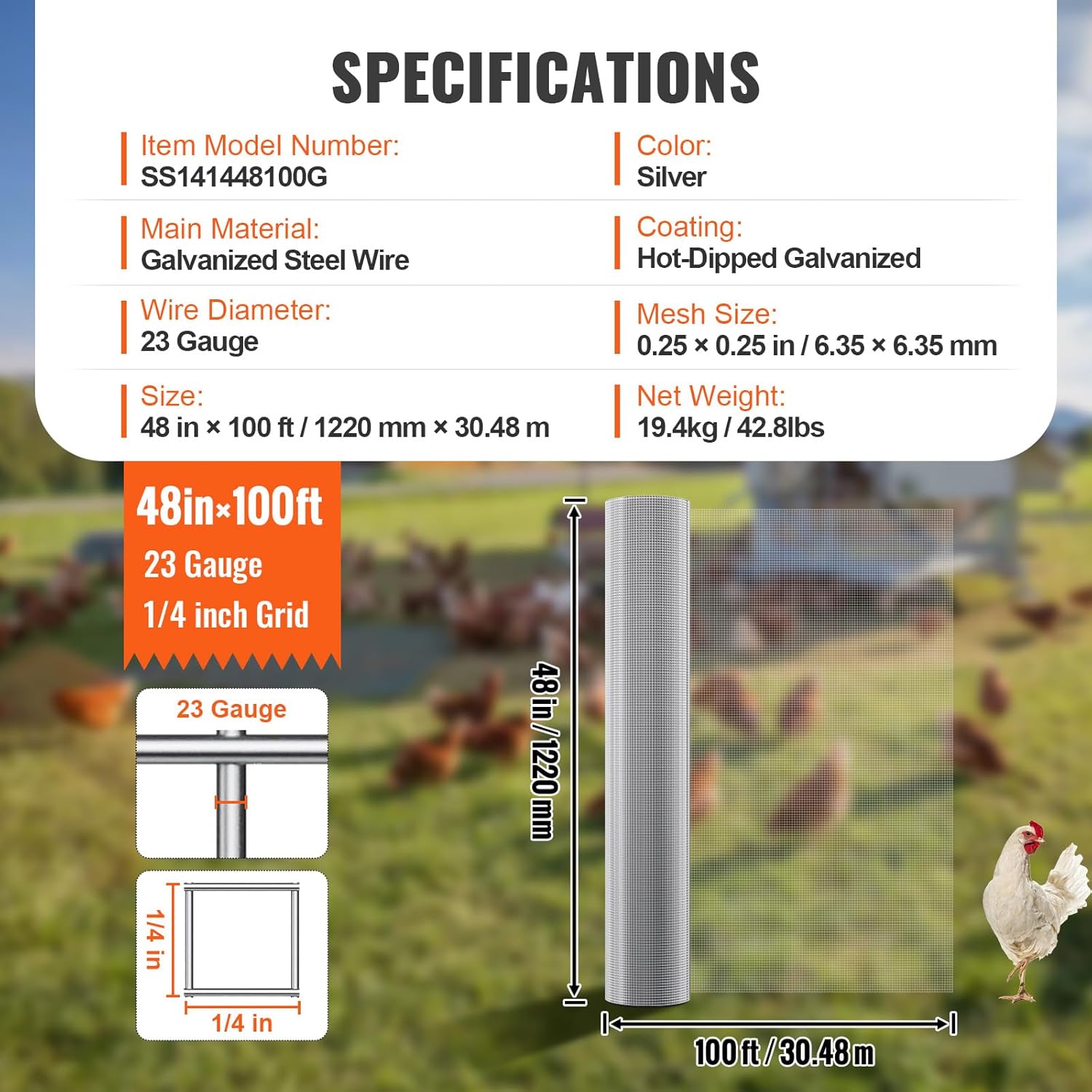 1/4 inch Hardware Cloth 48in x 100ft - 23 Gauge Galvanized Wire Mesh Roll for Chicken Coops, Rabbit Cages, Garden, Small Rodents