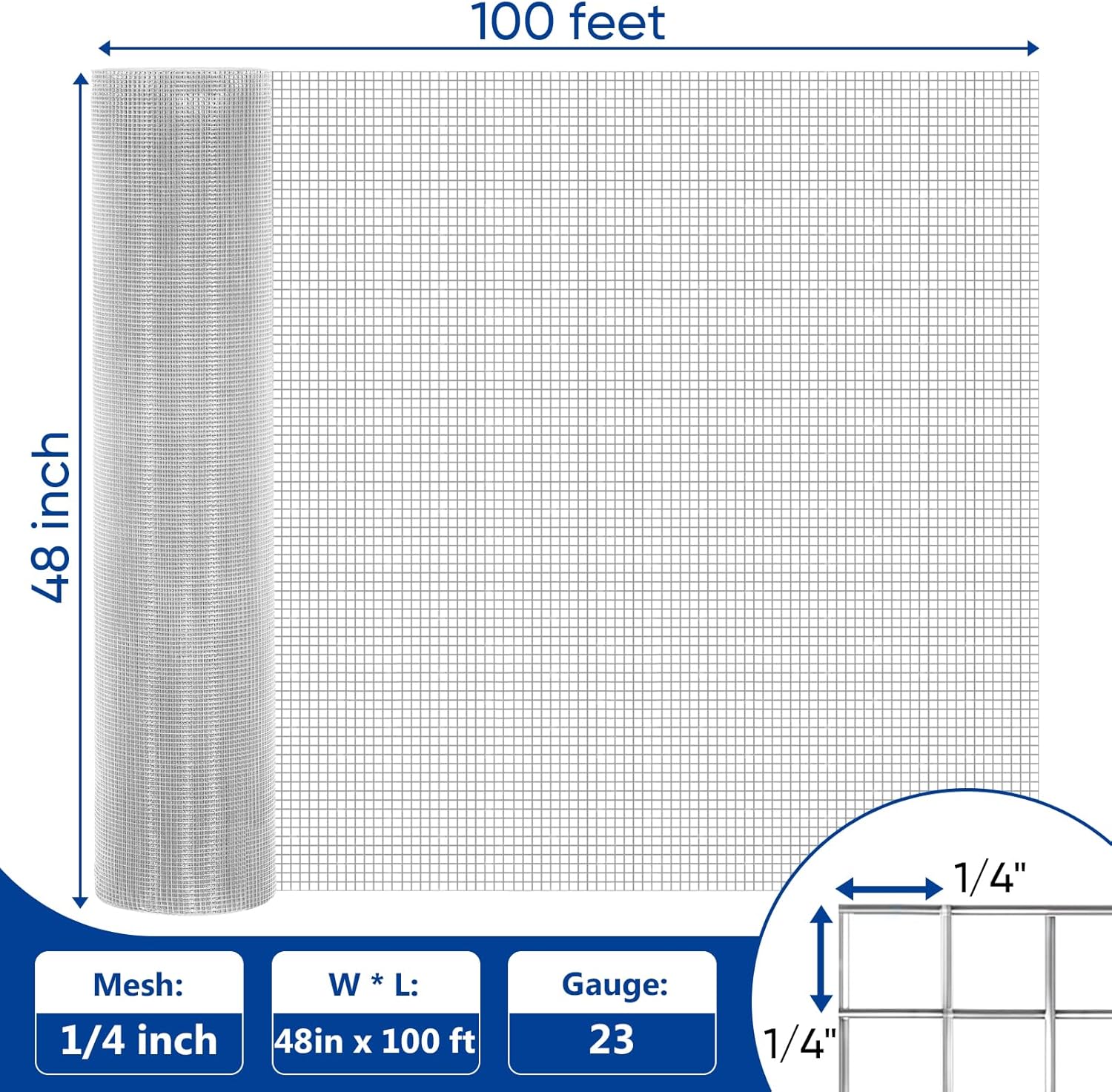 1/4 Inch Hardware Cloth 48x100 ft Roll - 23 Gauge Hot Dipped Galvanized Wire Mesh for Fencing, Chicken Coops, Rabbit Hutches