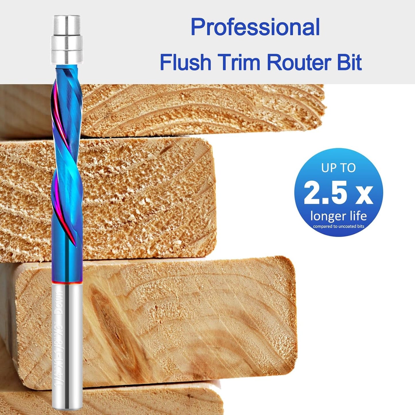 1/4 Inch Shank CNC Router Bit - Down Cut Flush Trim End Mill with Nano Blue Coating for Wood Veneer & Acrylic