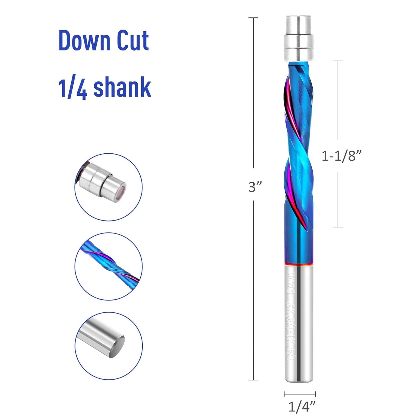 1/4 Inch Shank CNC Router Bit - Down Cut Flush Trim End Mill with Nano Blue Coating for Wood Veneer & Acrylic