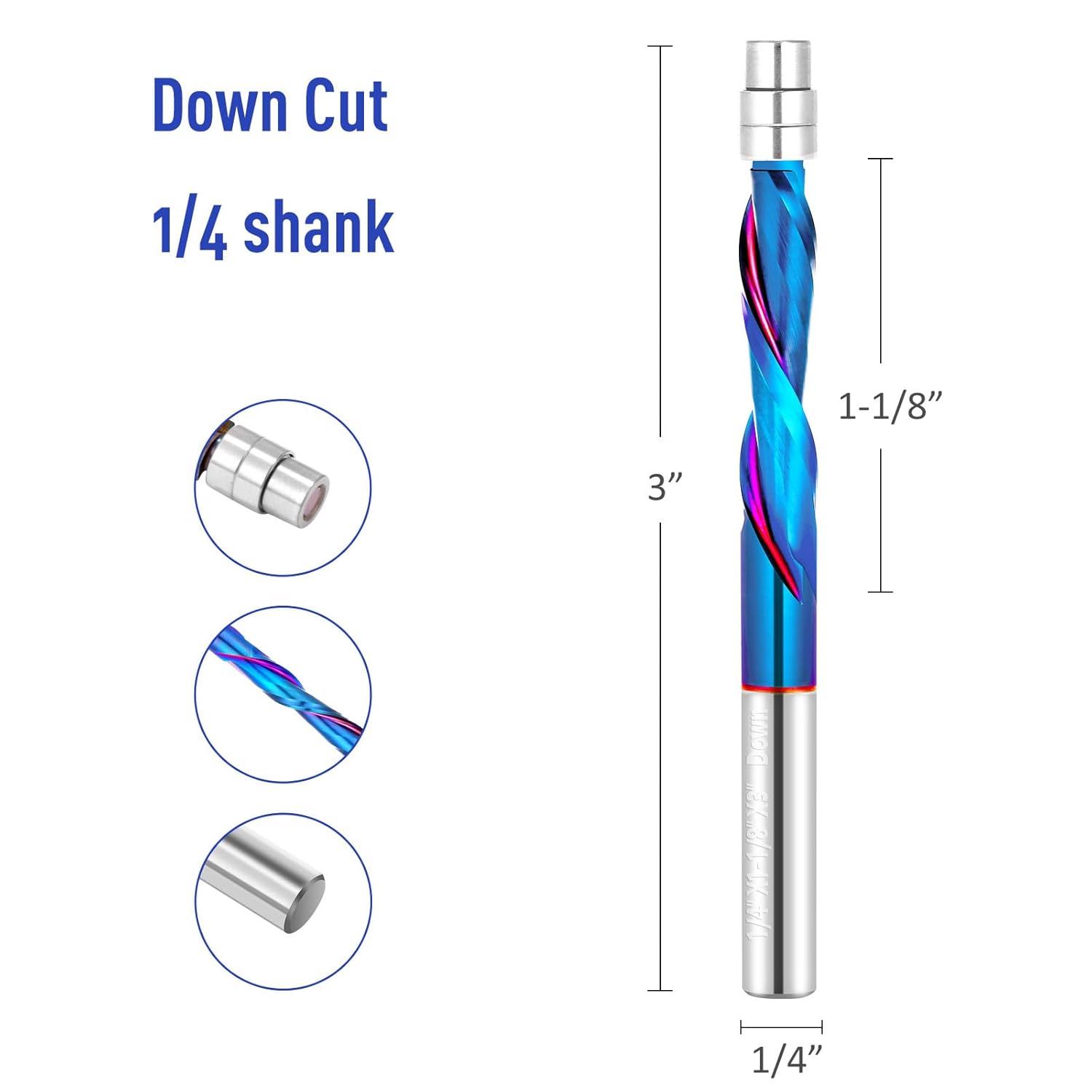 1/4 Inch Shank CNC Router Bit - Down Cut Flush Trim End Mill with Nano Blue Coating for Wood Veneer & Acrylic