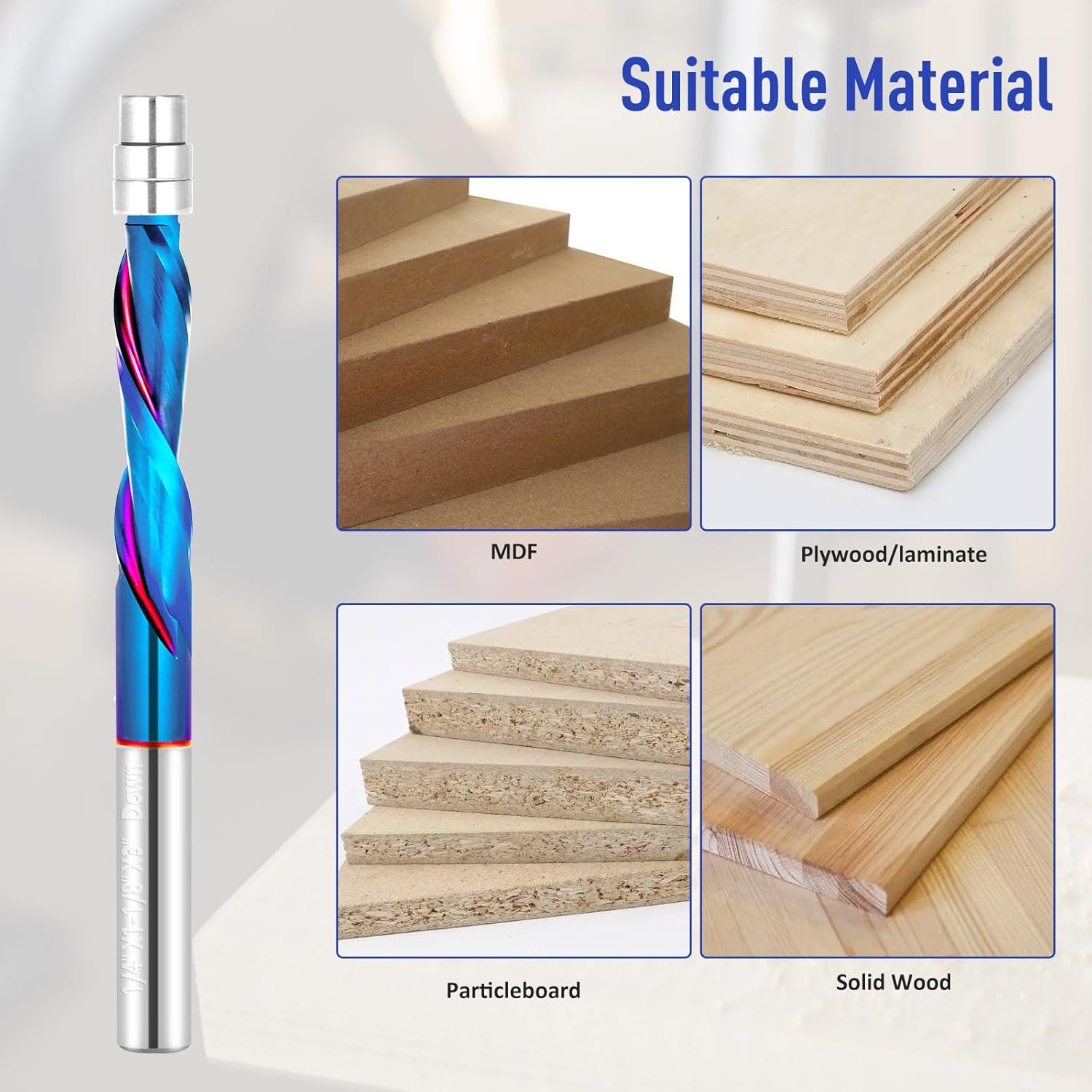1/4 Inch Shank CNC Router Bit - Down Cut Flush Trim End Mill with Nano Blue Coating for Wood Veneer & Acrylic