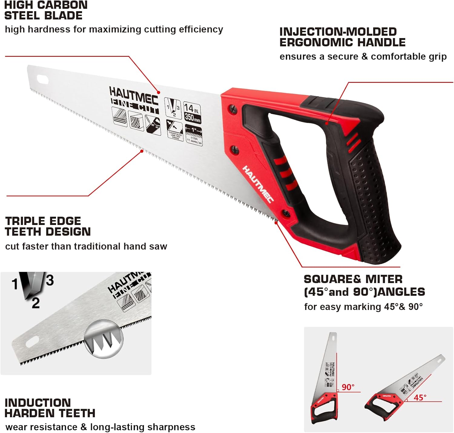 14 Inch Universal Hand Saw for Fine Wood, Laminate, and Plastic - 11 TPI Crosscut Saw by HAUTMEC - Model HT0024