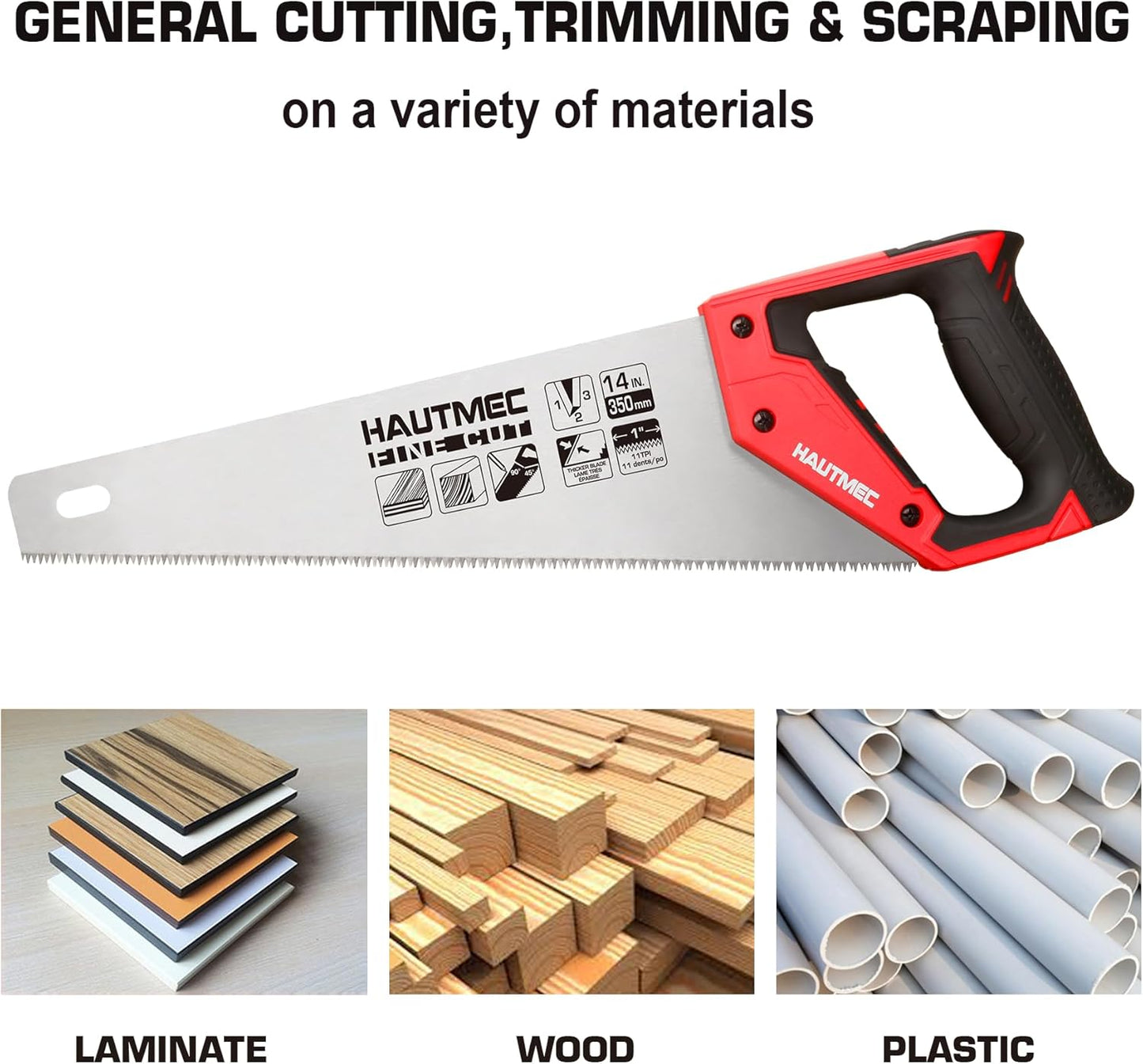 14 Inch Universal Hand Saw for Fine Wood, Laminate, and Plastic - 11 TPI Crosscut Saw by HAUTMEC - Model HT0024