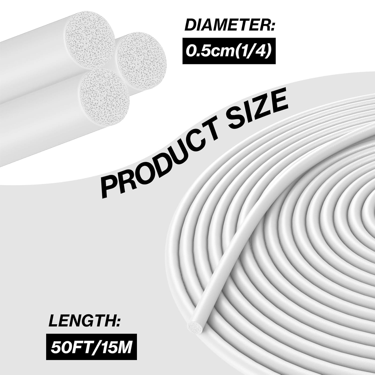 1/4 Inch x 50FT White Rubber Backer Rod for Concrete Expansion Joints - Weather Strip Seal for Gaps and Joints - Concrete Filler - Caulk Saver