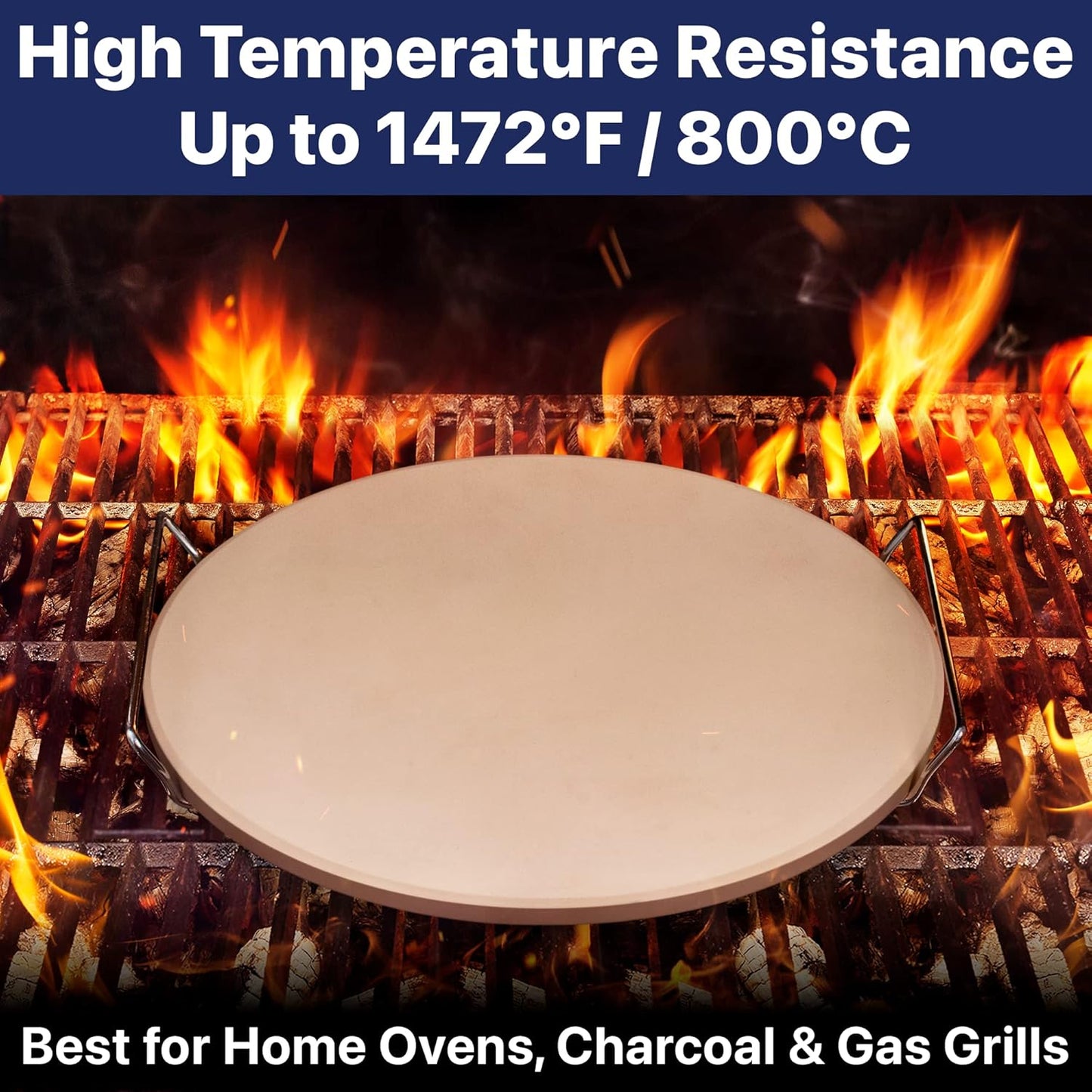 14" KitchenStar Pizza Stone Set for Oven & Grill - Cordierite Baking Stone with Handles, SS Rack, and Scraper - 1500 °F Resistant - Round Medium Size