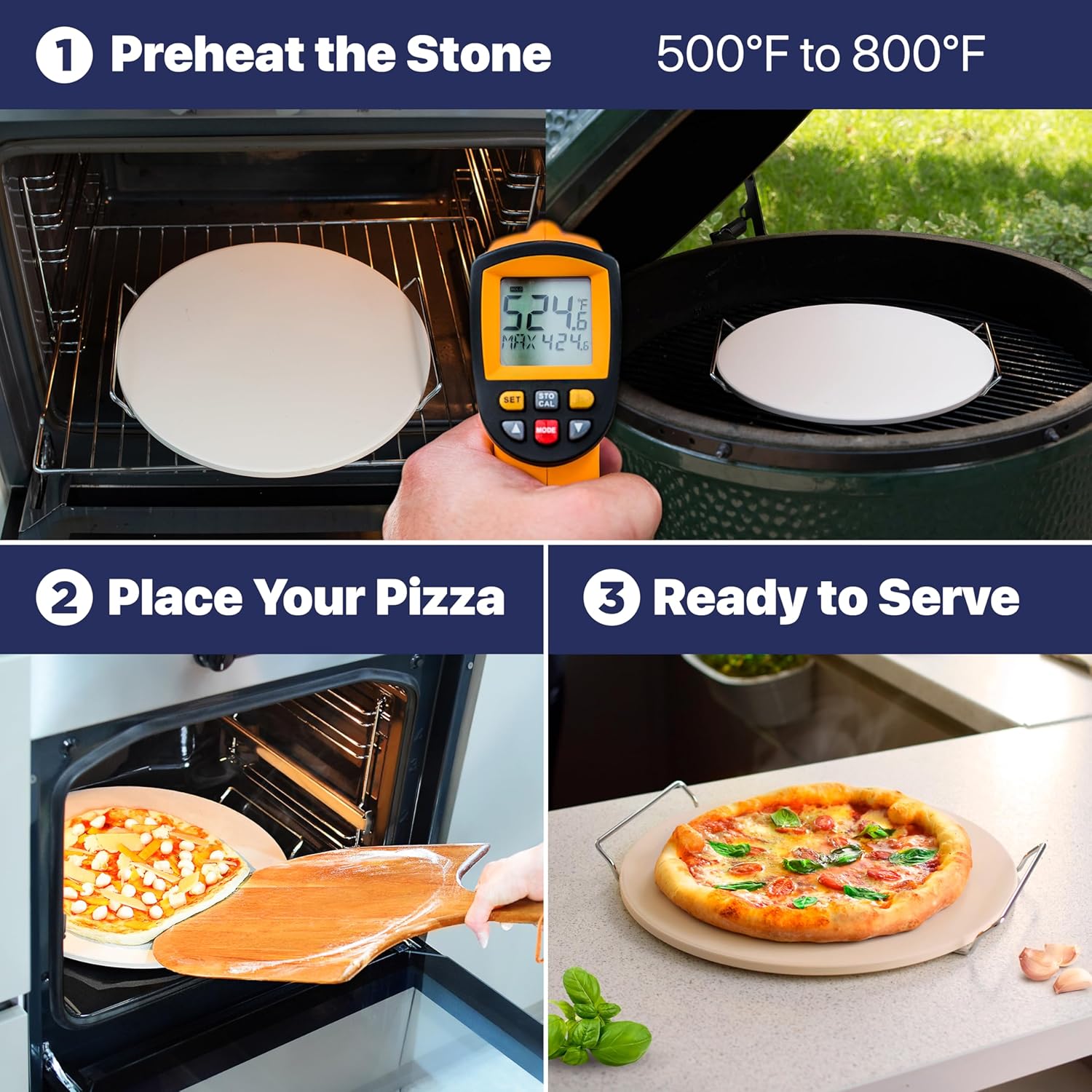 14" KitchenStar Pizza Stone Set for Oven & Grill - Cordierite Baking Stone with Handles, SS Rack, and Scraper - 1500 °F Resistant - Round Medium Size