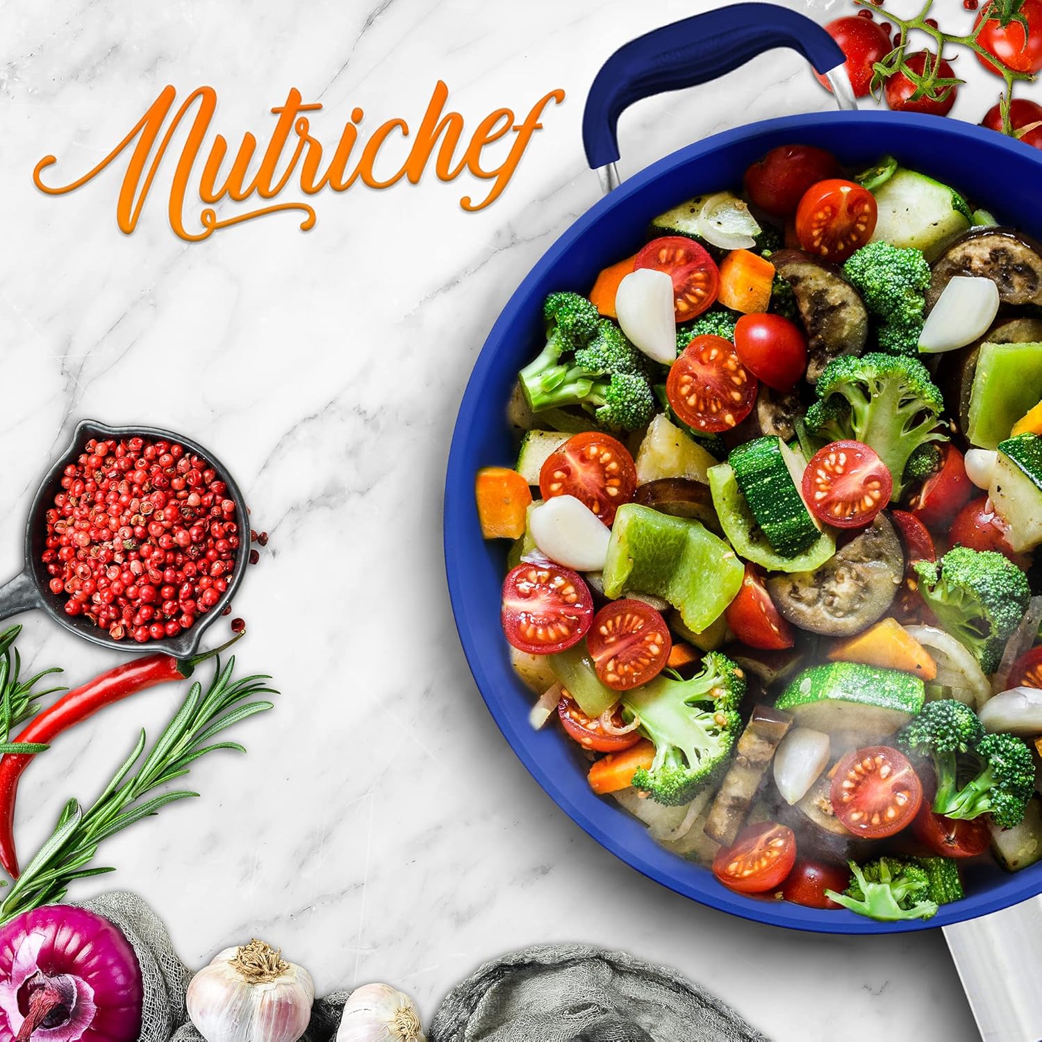 14" NutriChef Non-Stick Frying Pan with Ceramic Coating and Silicone Handle - Stain-Resistant Stainless Steel Aluminum Pan, PFOA Free, Safe for All Cooktops