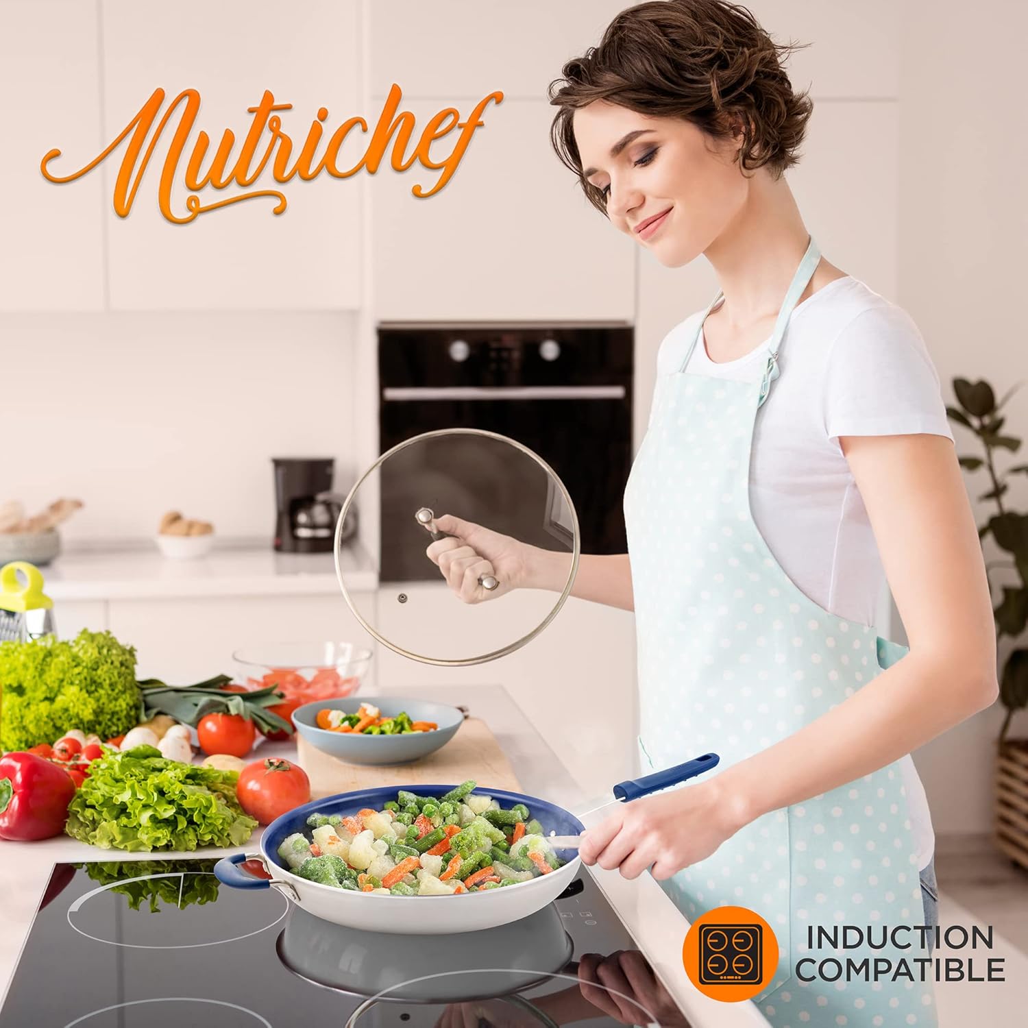 14" NutriChef Non-Stick Frying Pan with Ceramic Coating and Silicone Handle - Stain-Resistant Stainless Steel Aluminum Pan, PFOA Free, Safe for All Cooktops