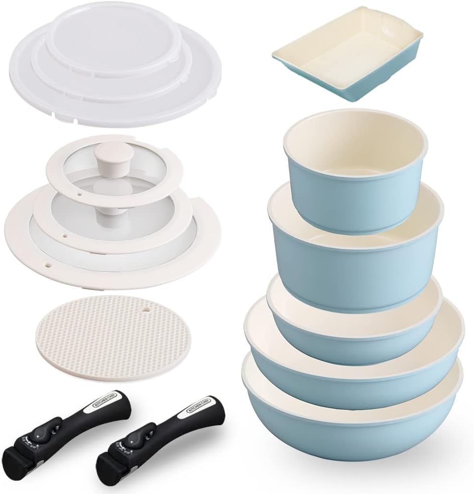 14-Piece Frying Pan Set with Removable Handle, IH Compatible, Gas Fire Safe, 10.2" & 7.9" Pans, Compact & Lightweight Storage, Ceramic Coating, Blue Color