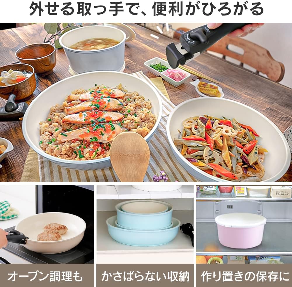 14-Piece Frying Pan Set with Removable Handle, IH Compatible, Gas Fire Safe, 10.2" & 7.9" Pans, Compact & Lightweight Storage, Ceramic Coating, Blue Color