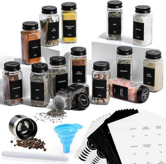 14-Piece Glass Spice Jars Set with Black Lids, Labels, and Silicone Funnel - 4oz Square Bottles with Shaker and Airtight Caps