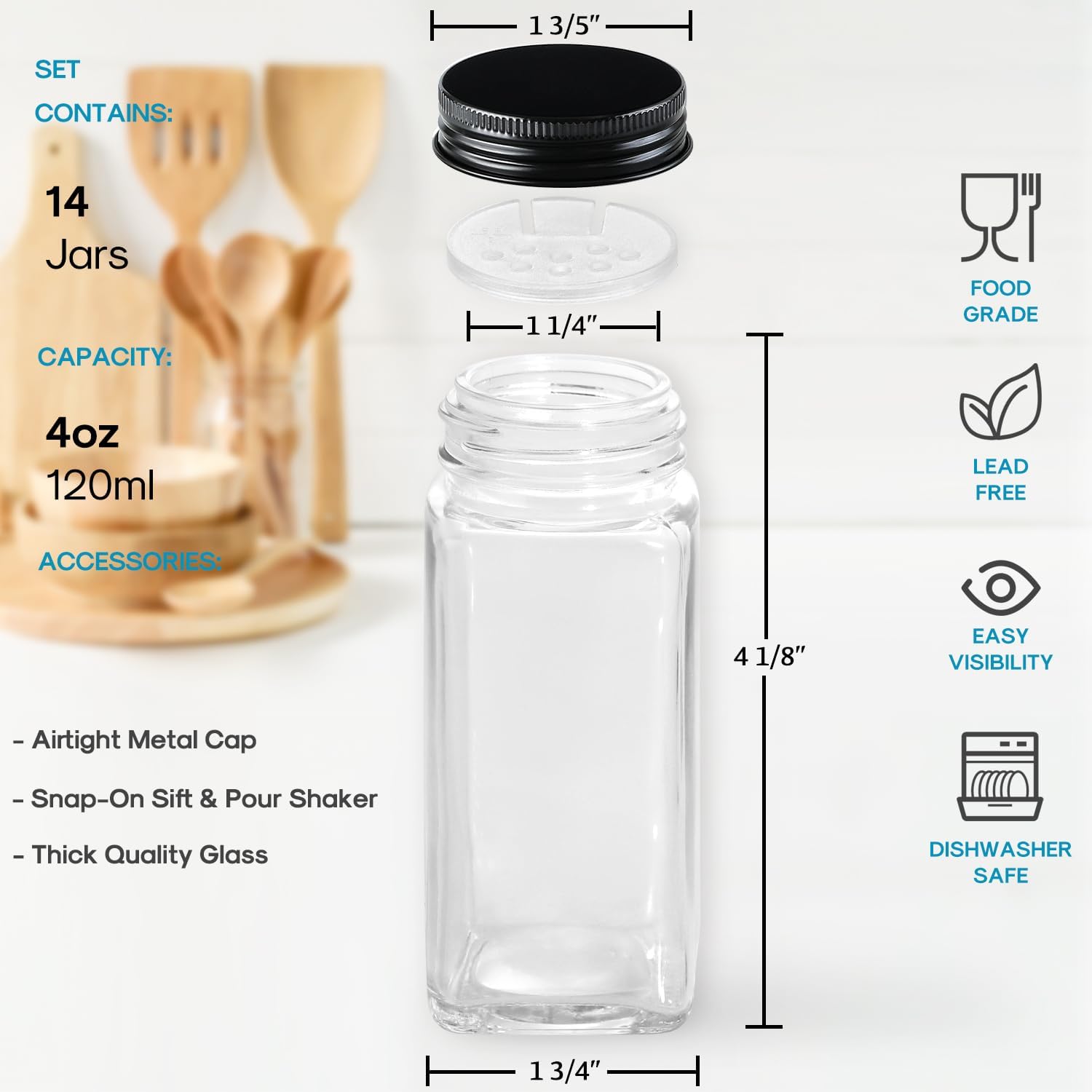 14-Piece Glass Spice Jars Set with Black Lids, Labels, and Silicone Funnel - 4oz Square Bottles with Shaker and Airtight Caps