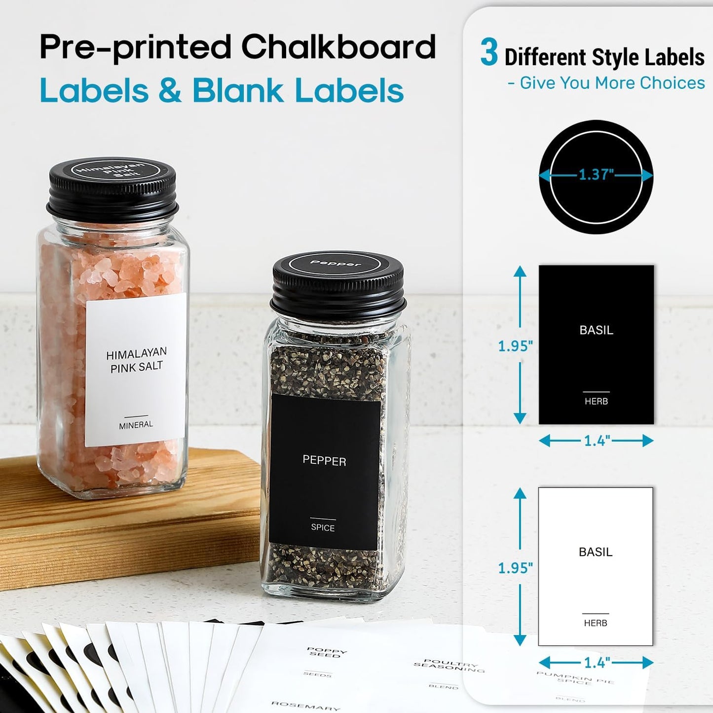 14-Piece Glass Spice Jars Set with Black Lids, Labels, and Silicone Funnel - 4oz Square Bottles with Shaker and Airtight Caps