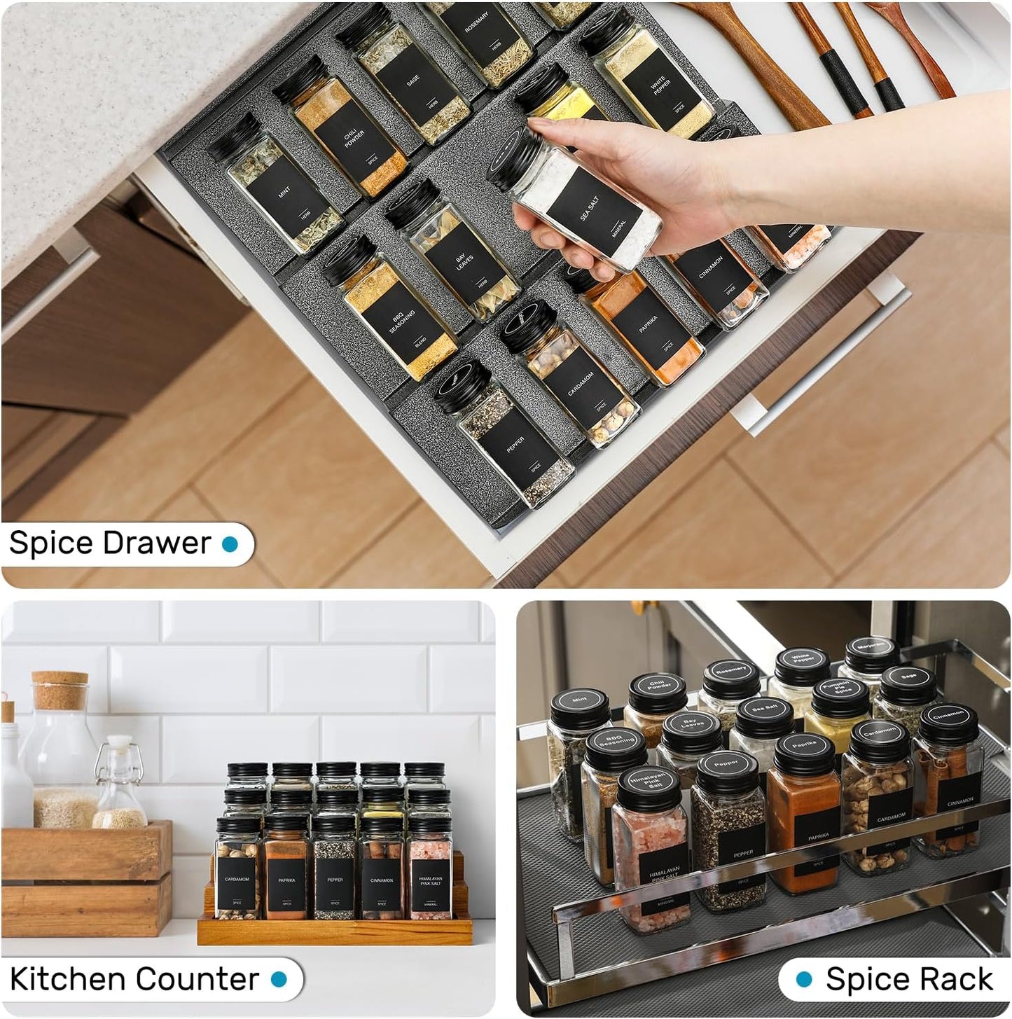 14-Piece Glass Spice Jars Set with Black Lids, Labels, and Silicone Funnel - 4oz Square Bottles with Shaker and Airtight Caps