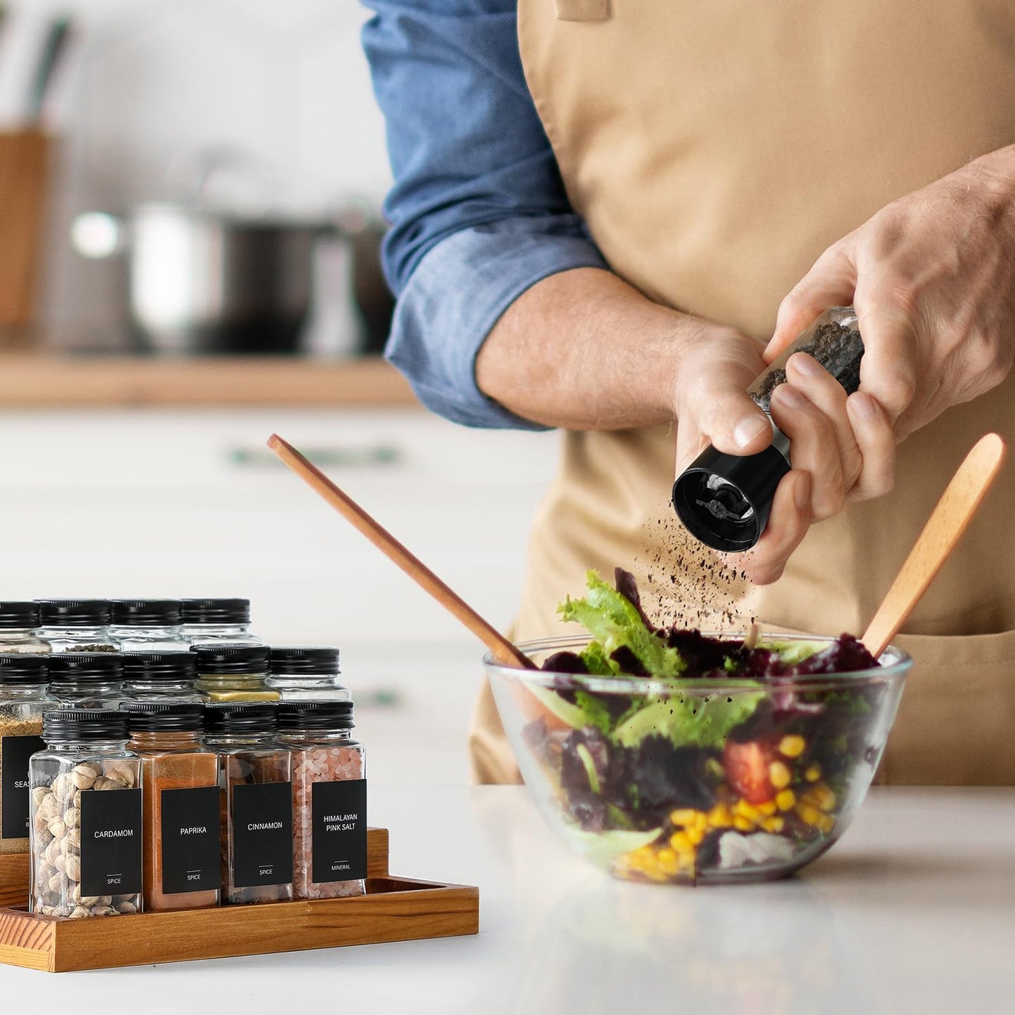 14-Piece Glass Spice Jars Set with Black Lids, Labels, and Silicone Funnel - 4oz Square Bottles with Shaker and Airtight Caps