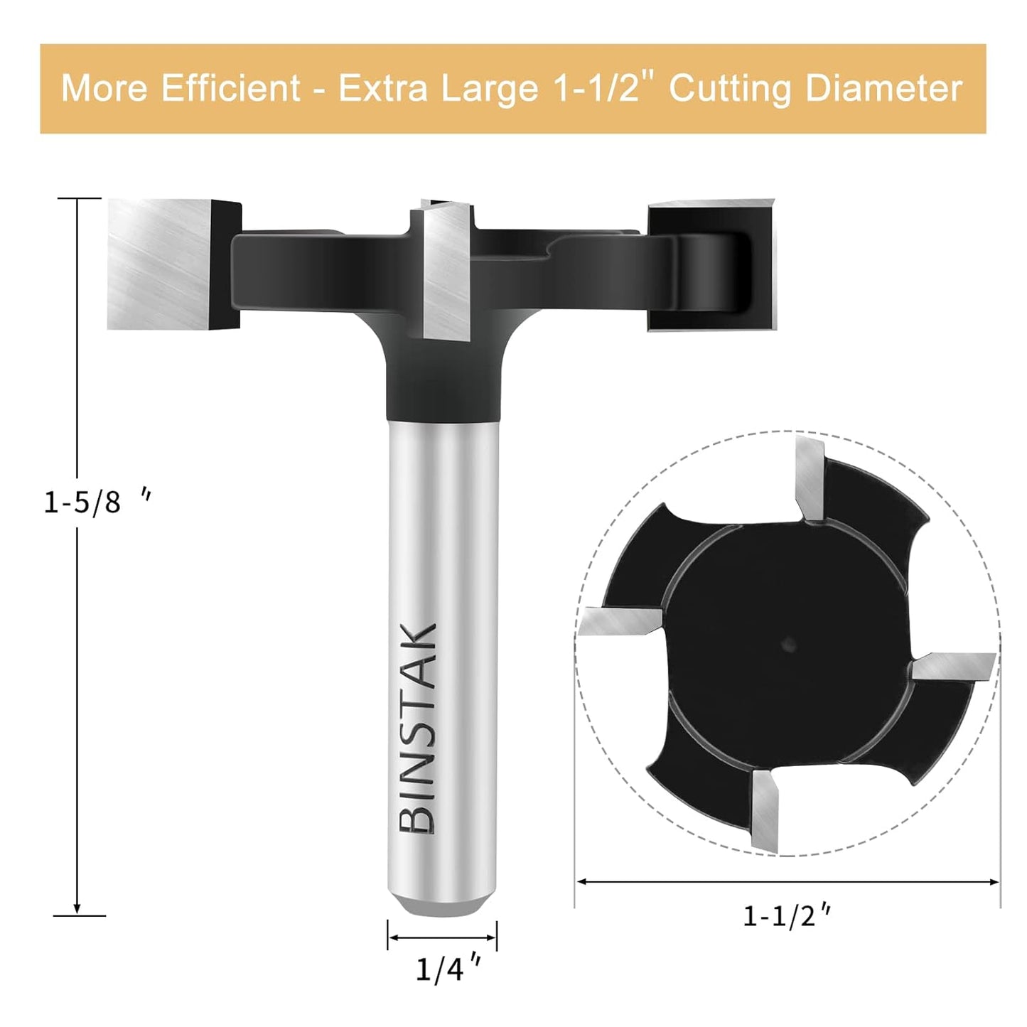 1/4" Shank CNC Spoilboard Surfacing Router Bit - 1-1/2" Cutting Diameter, Carbide-4 Wings - Slab Flattening & Planing Wood Bit