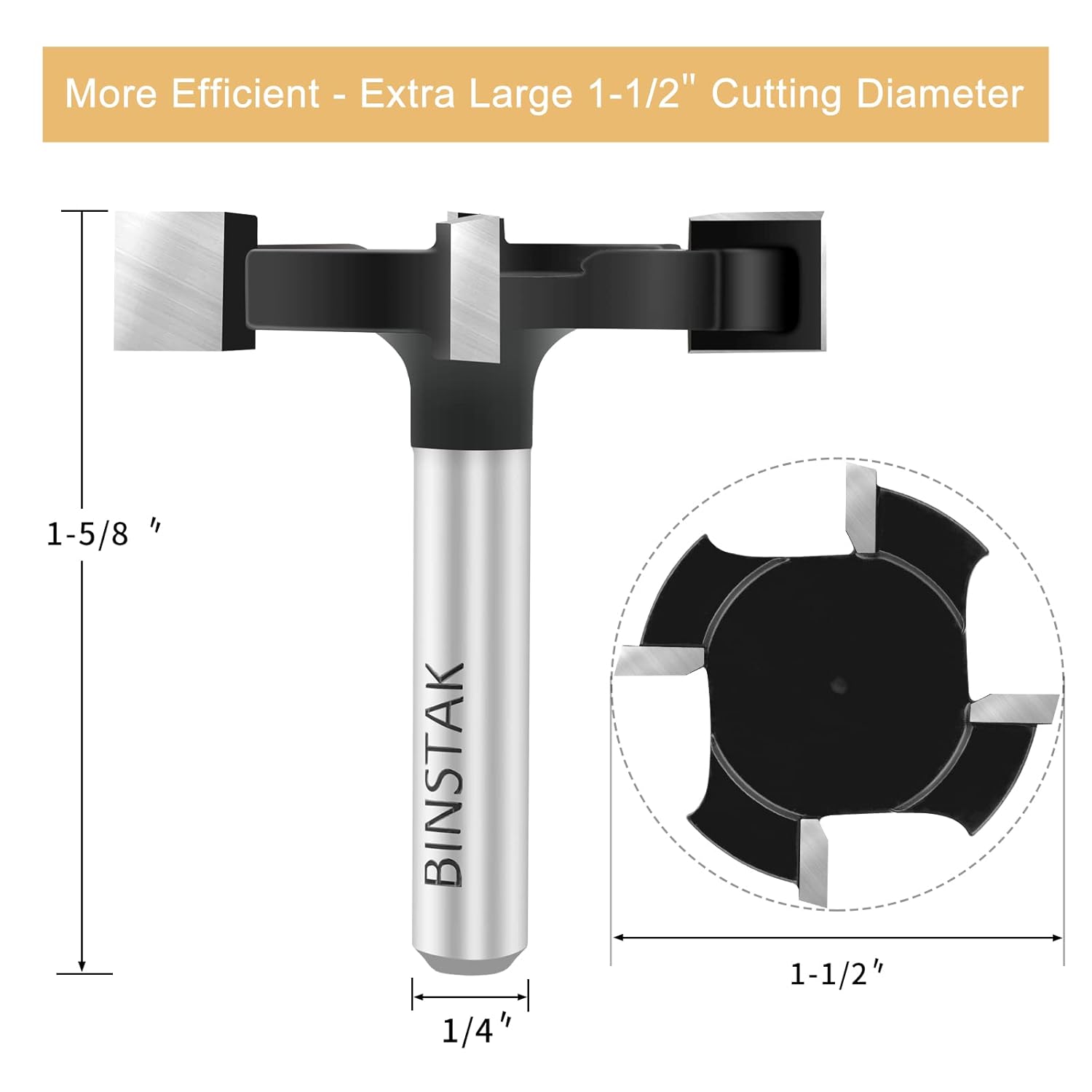 1/4" Shank CNC Spoilboard Surfacing Router Bit - 1-1/2" Cutting Diameter, Carbide-4 Wings - Slab Flattening & Planing Wood Bit