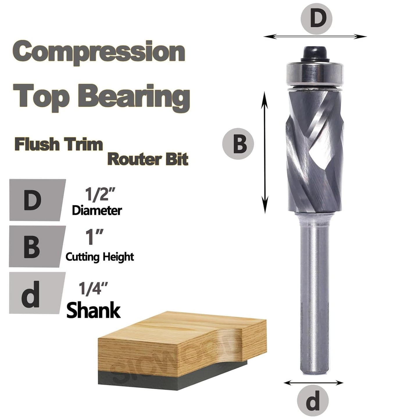 1/4" Shank Compression Top Bearing Flush Trim Router Bit - 1/2" Cutting Dia, 1“ Cut Height, Carbide Spiral Up-Down Pattern Template Flush Cut Router Bit for Wood Trimming.