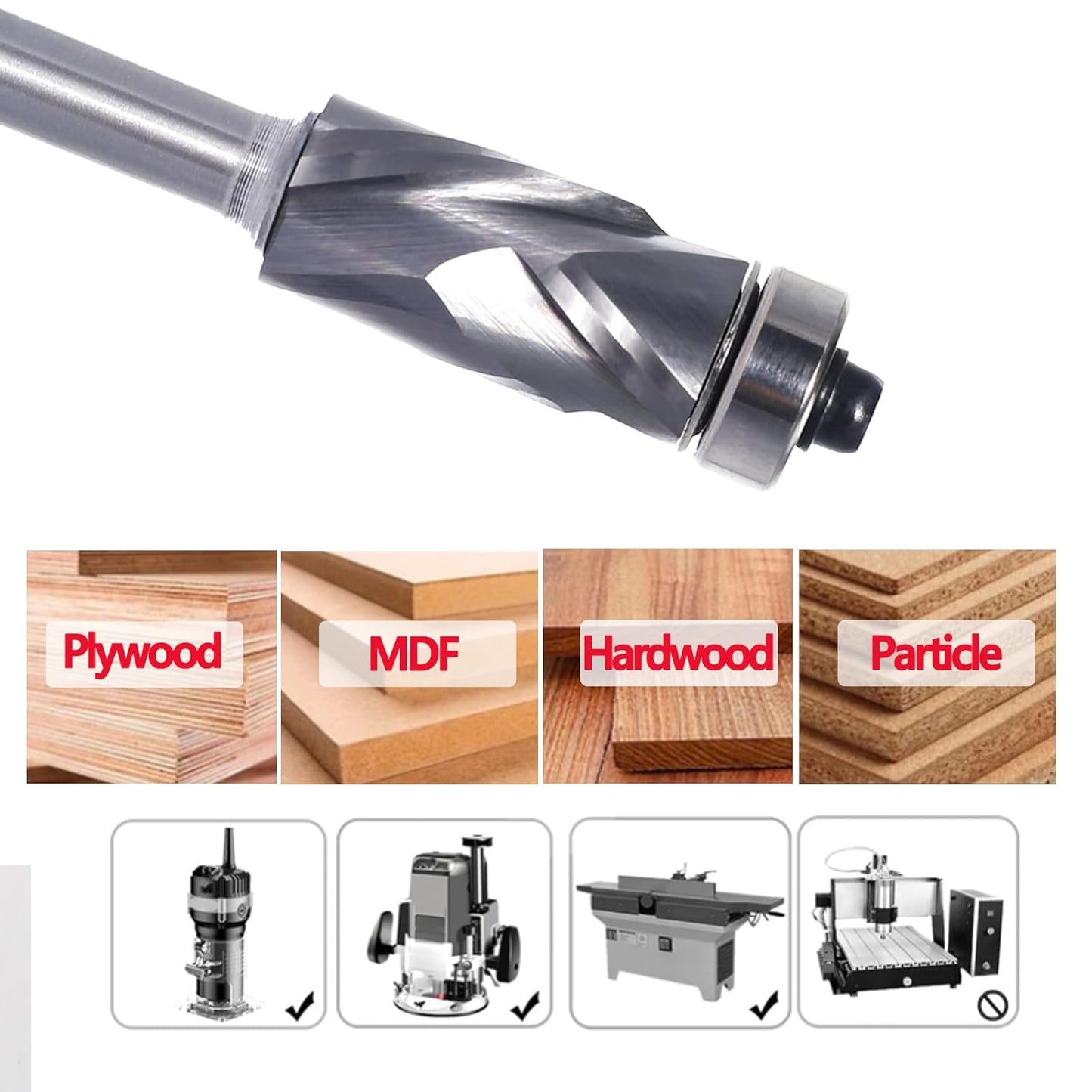 1/4" Shank Compression Top Bearing Flush Trim Router Bit - 1/2" Cutting Dia, 1“ Cut Height, Carbide Spiral Up-Down Pattern Template Flush Cut Router Bit for Wood Trimming.