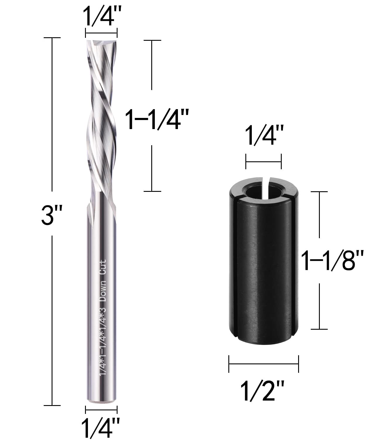 1/4" Shank Down-Cut Spiral Router Bit - 2 Flute CNC End Mill for Wood Carving - 1/4" Diameter x 1-1/4" Length x 3" Long