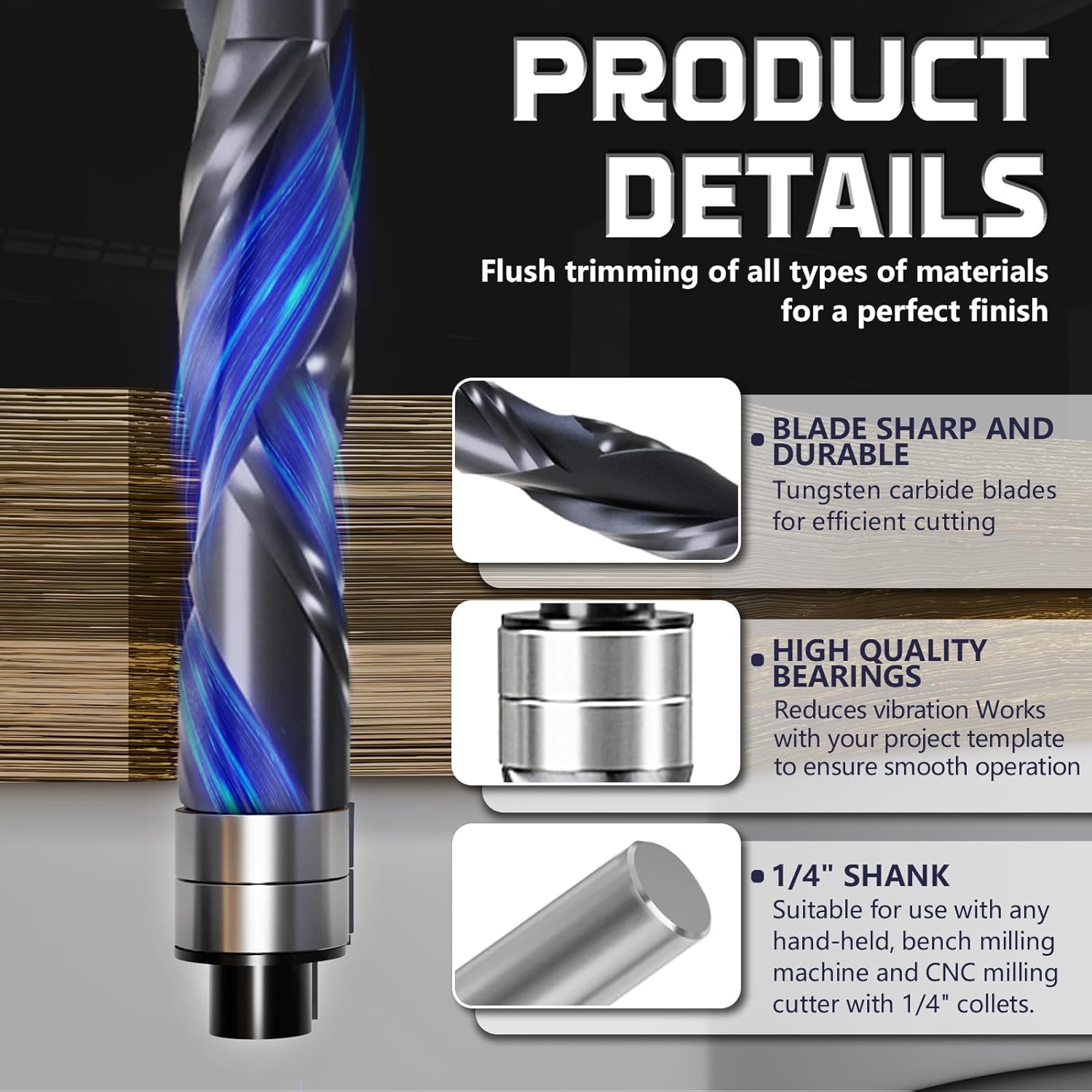 1/4" Shank Up & Down Spiral Flush Trim Router Bit - Double Ball Bearing, 1-1/8" Cutting Length, Extra Long 3" - Carbide Spiral Pattern Router Bit for Woodworking