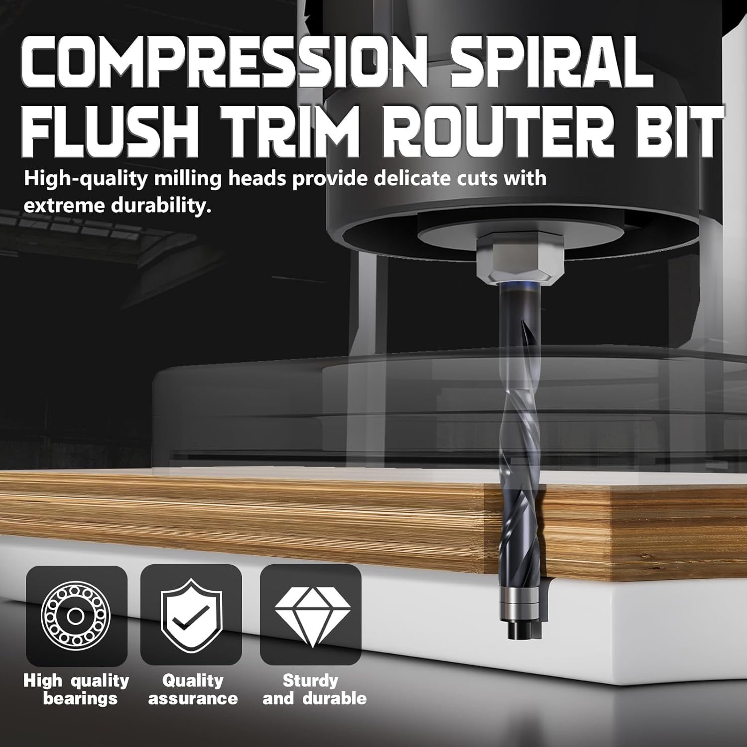 1/4" Shank Up & Down Spiral Flush Trim Router Bit - Double Ball Bearing, 1-1/8" Cutting Length, Extra Long 3" - Carbide Spiral Pattern Router Bit for Woodworking