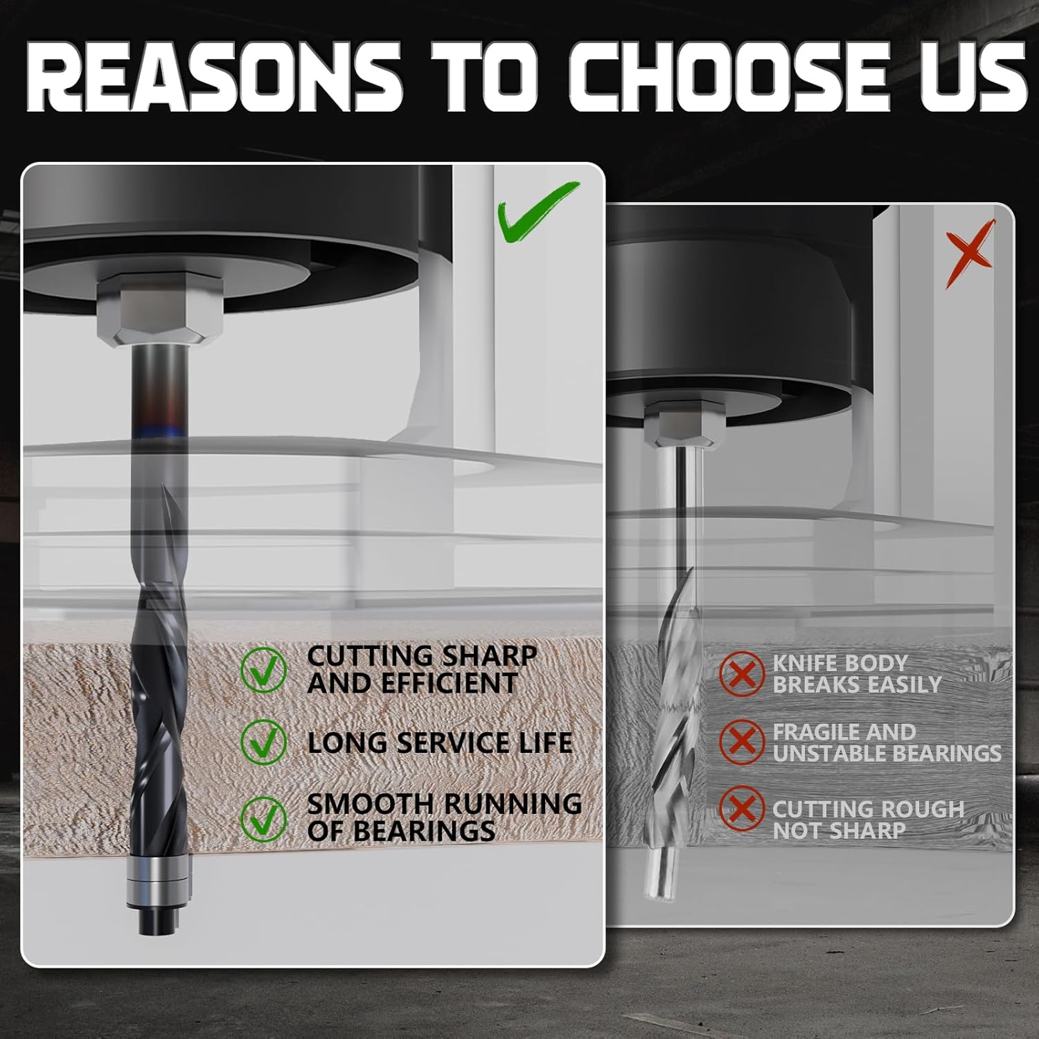 1/4" Shank Up & Down Spiral Flush Trim Router Bit - Double Ball Bearing, 1-1/8" Cutting Length, Extra Long 3" - Carbide Spiral Pattern Router Bit for Woodworking