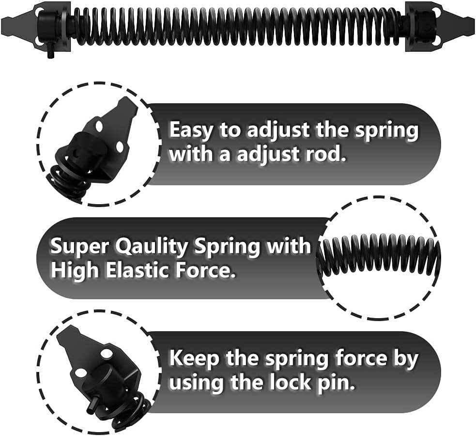 14" Skysen Fence Gate Spring: Self Closing & Adjustable for Wooden or Vinyl Fence - Carbon Steel, Black