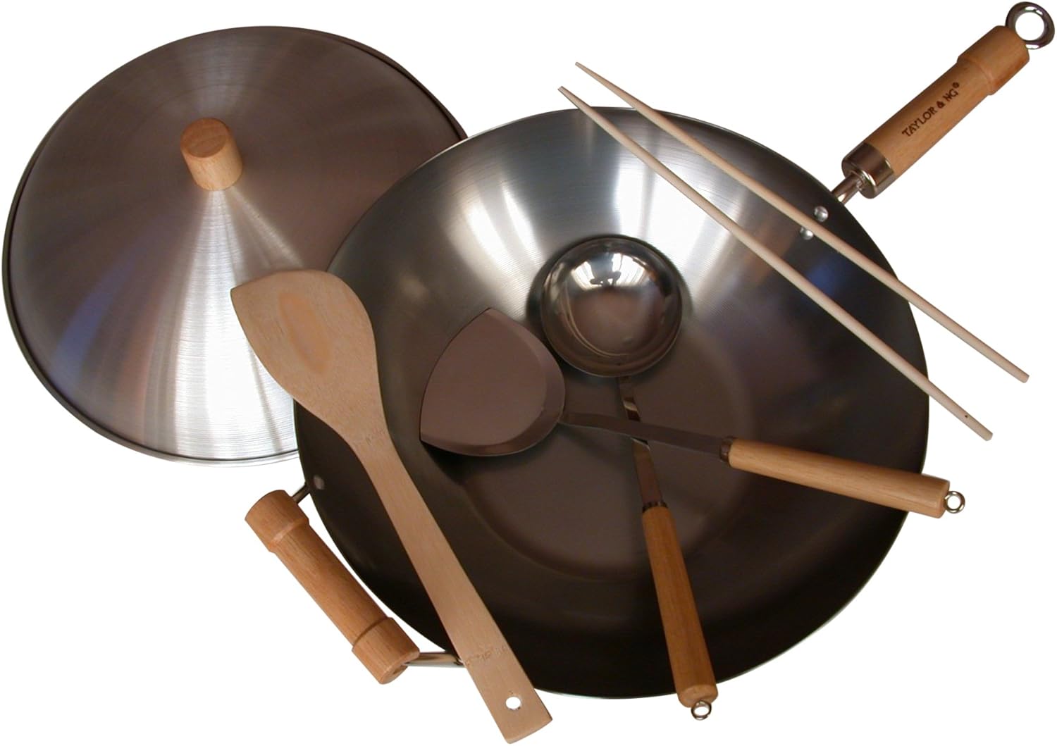 14" Taylor & Ng Carbon Steel Classic Wok Set for Stir-Frying and Asian Cooking