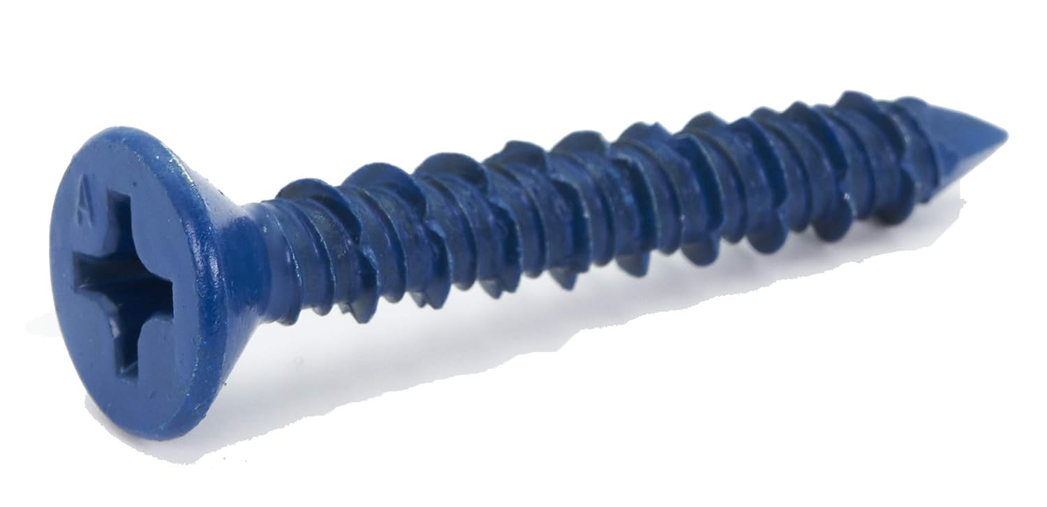 1/4" x 1-3/4" Blue Flat Phillips Concrete Screw Anchor with Drill Bit - 100 Pack - Ideal for Masonry, Block, Brick