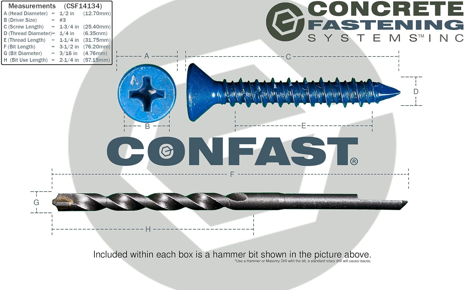 1/4" x 1-3/4" Blue Flat Phillips Concrete Screw Anchor with Drill Bit - 100 Pack - Ideal for Masonry, Block, Brick