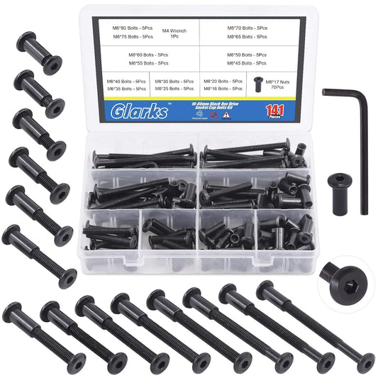 141Pcs Black Hex Drive Socket Cap Bolts Kit for Furniture, Crib, Chair, Table, Cabinets - M6x16/20/25/30/35/40/45/50/55/60/65/70/75/80mm Nuts Screws