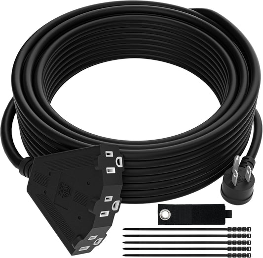 14/3 Gauge Heavy Duty Outdoor Extension Cord 2 FT - 90 Degree Angled 3 Prong Plug - 3 Outlet Power Cable - 15A, 125V - ETL Listed - Black Wire with Carrying Strap+Ties