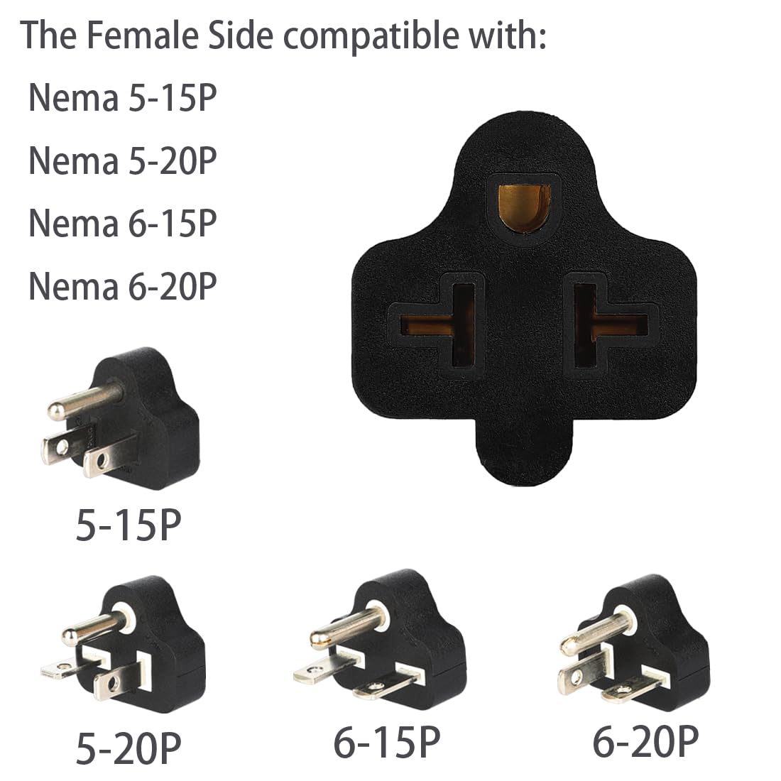 15 Amp Household AC Plug to 20 Amp T Blade Adapter Cable - 4-in-1 Nema5-15P to 5-15R, 5-15P to 5-20R, 5-15P to 6-15R, 5-15P to 6-20R