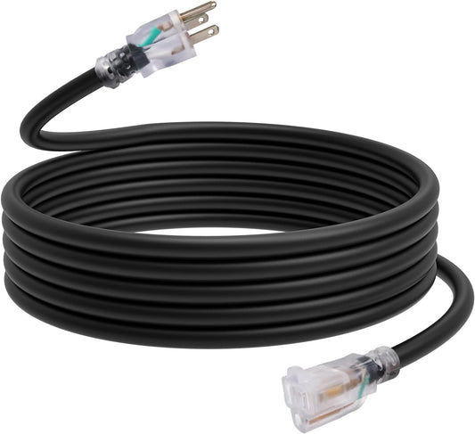 15 Foot Lighted Outdoor Extension Cord - Heavy Duty 12/3 SJTW Black Cable with Grounded Plug for Lawn, Garden, Appliances
