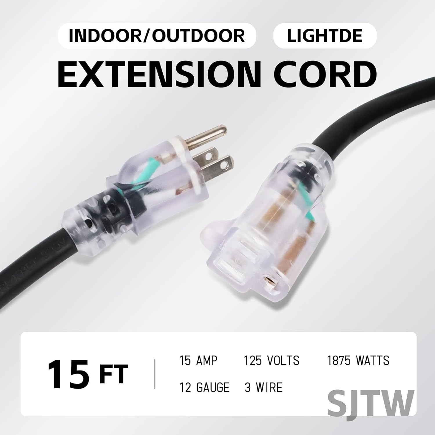 15 Foot Lighted Outdoor Extension Cord - Heavy Duty 12/3 SJTW Black Cable with Grounded Plug for Lawn, Garden, Appliances