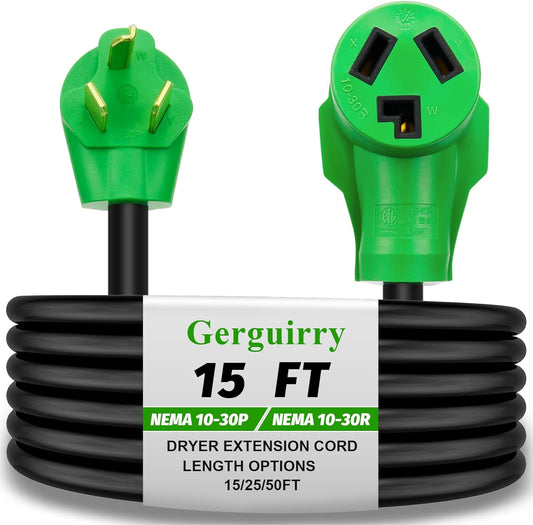 15 Ft 3 Prong Dryer Extension Cord - 30A NEMA 10-30P to 10-30R, 125V/250V 10-AWG Gauge, UL Listed - Gerguirry