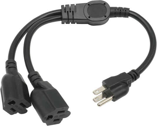 1.5 FT Extension Cord Splitter 1 to 2, 3 Prong Indoor Power Outlet Splitter - 16AWG Cable Wire Extender for Halloween & Christmas Decorations - Black