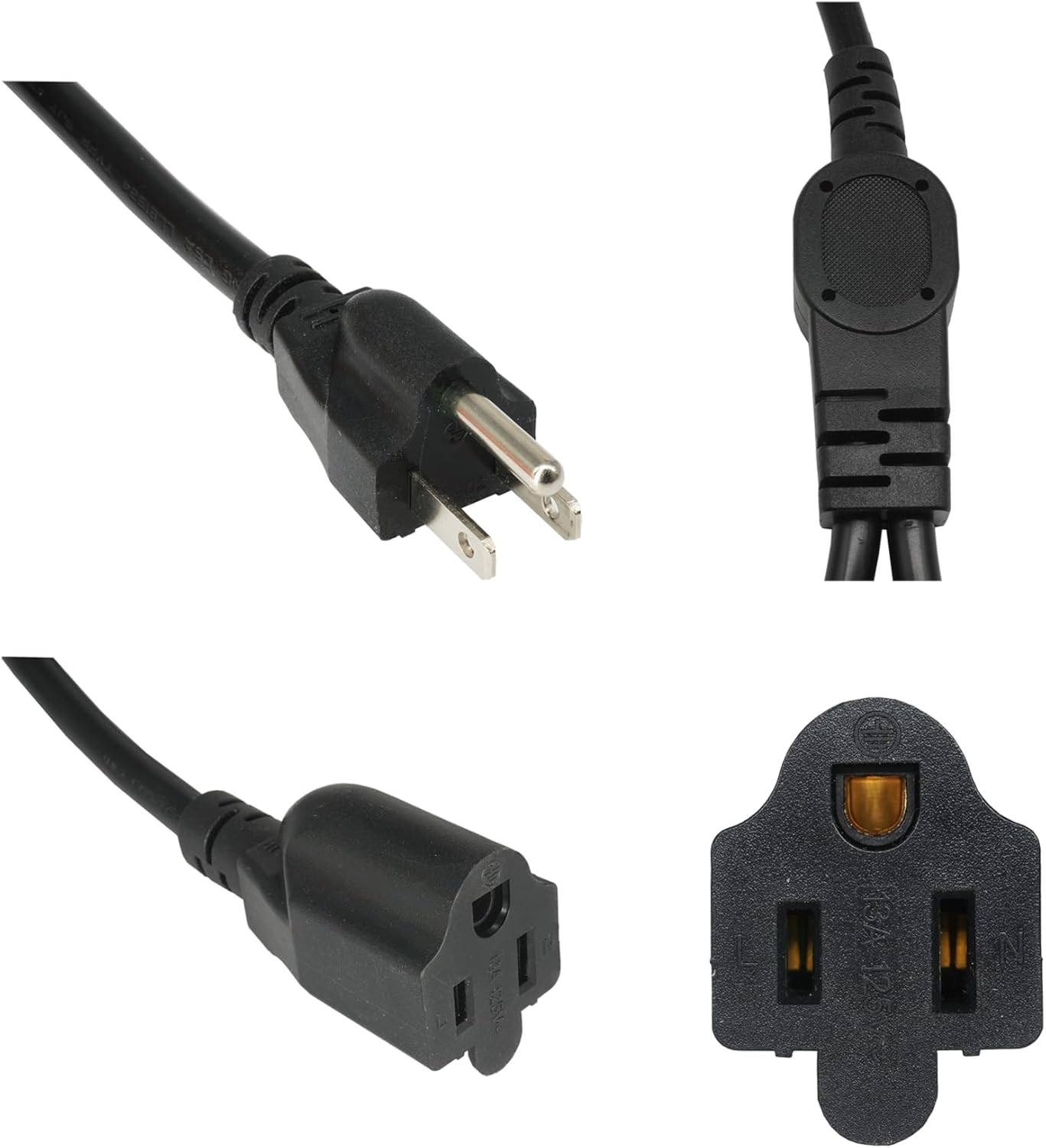 1.5 FT Extension Cord Splitter 1 to 2, 3 Prong Indoor Power Outlet Splitter - 16AWG Cable Wire Extender for Halloween & Christmas Decorations - Black