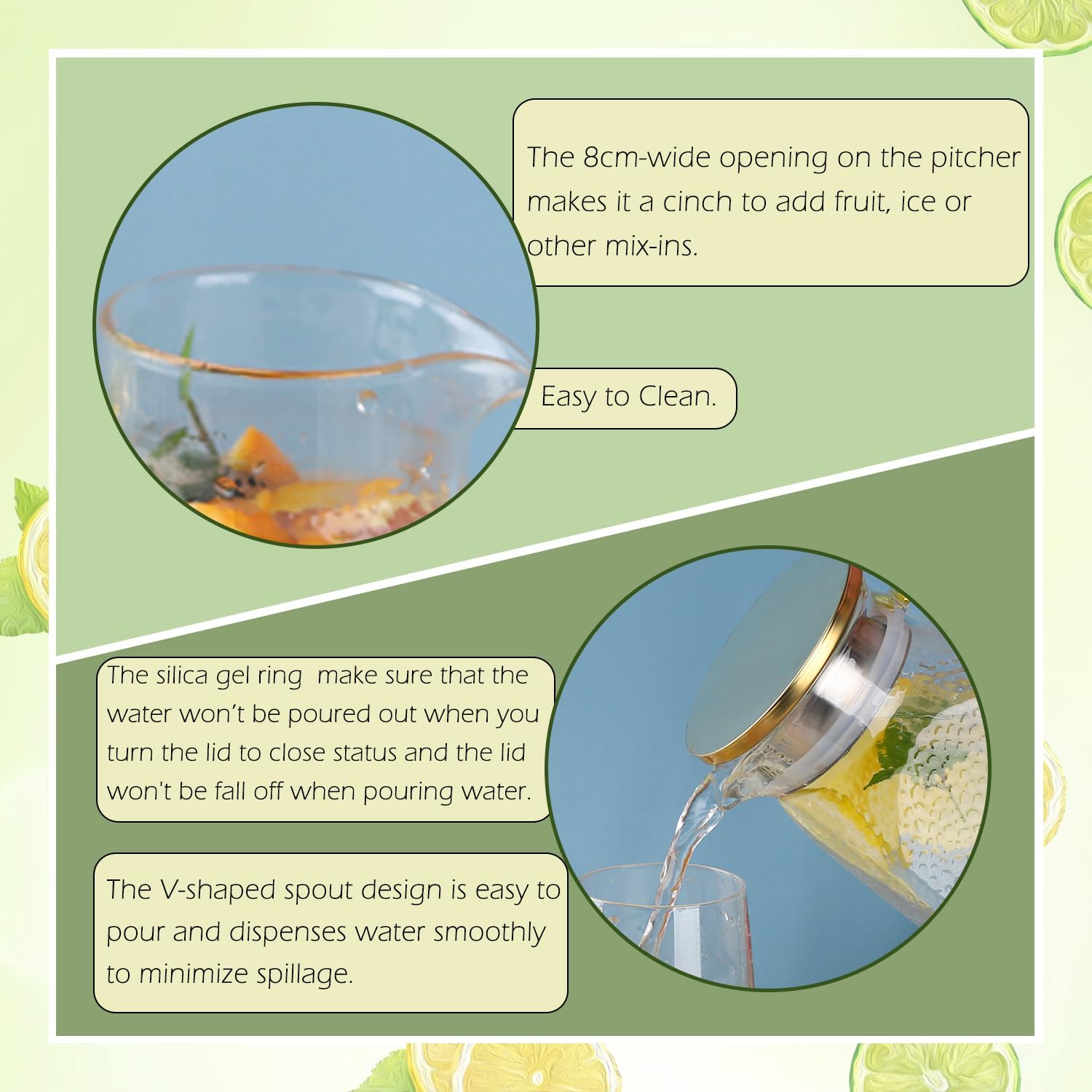 1.5 Liter Glass Water Pitcher with Lid and Handle for Fridge - Ideal for Tea, Lemonade, Juice, Coffee, and Milk