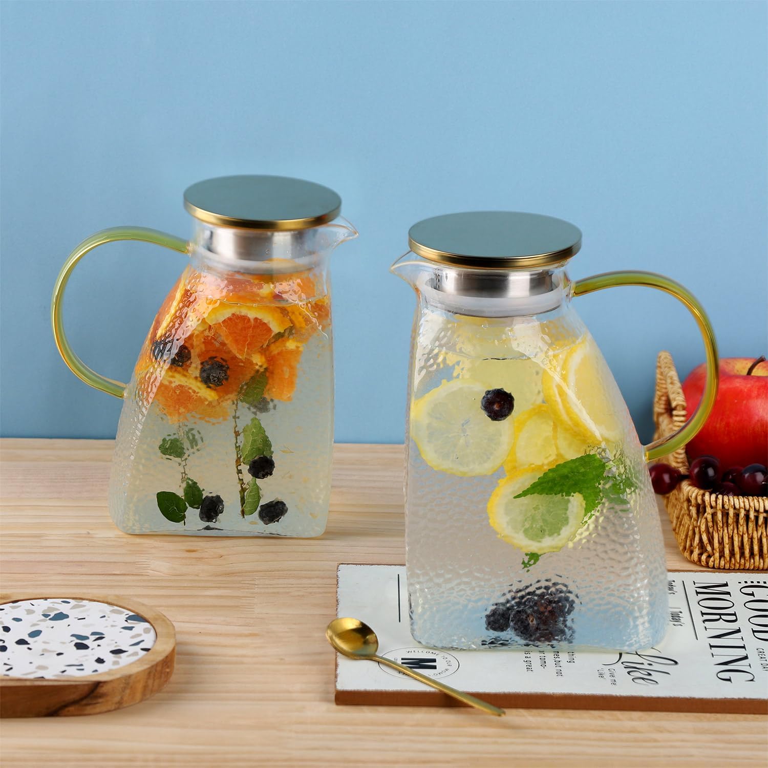 1.5 Liter Glass Water Pitcher with Lid and Handle for Fridge - Ideal for Tea, Lemonade, Juice, Coffee, and Milk