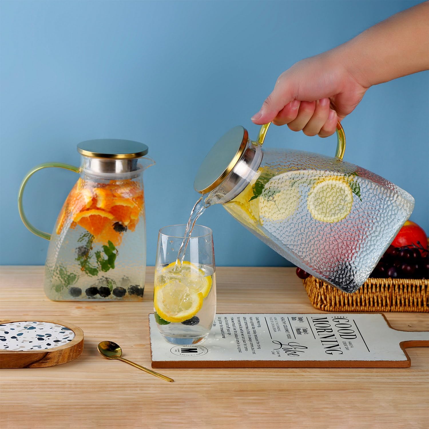 1.5 Liter Glass Water Pitcher with Lid and Handle for Fridge - Ideal for Tea, Lemonade, Juice, Coffee, and Milk