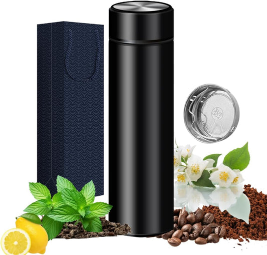 15 oz Insulated Vacuum Tumbler with Stainless Steel Infuser - Keeps Drinks Hot or Cold for Hours - Tea Thermos Coffee Travel Bottle - Gift Packing - Black