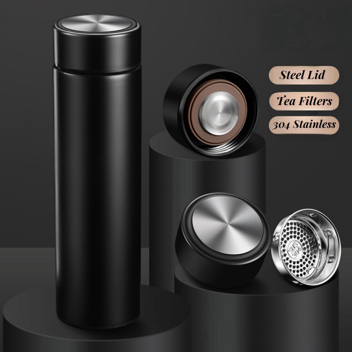 15 oz Insulated Vacuum Tumbler with Stainless Steel Infuser - Keeps Drinks Hot or Cold for Hours - Tea Thermos Coffee Travel Bottle - Gift Packing - Black