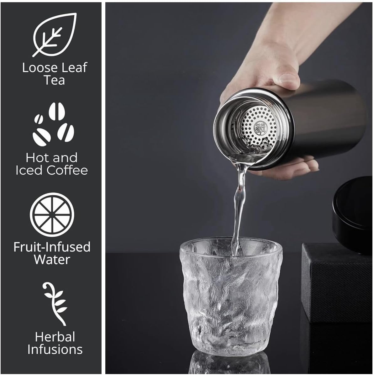 15 oz Insulated Vacuum Tumbler with Stainless Steel Infuser - Keeps Drinks Hot or Cold for Hours - Tea Thermos Coffee Travel Bottle - Gift Packing - Black