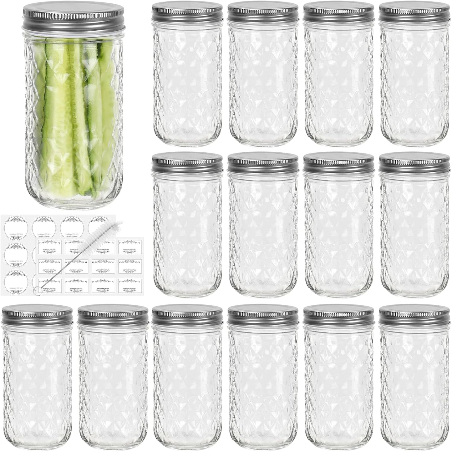 15 Pack 12oz Mason Jars with Silver Metal Lids - Glass Regular Mouth Canning Jars for Honey, Jam, Jelly, Favors, and Storage