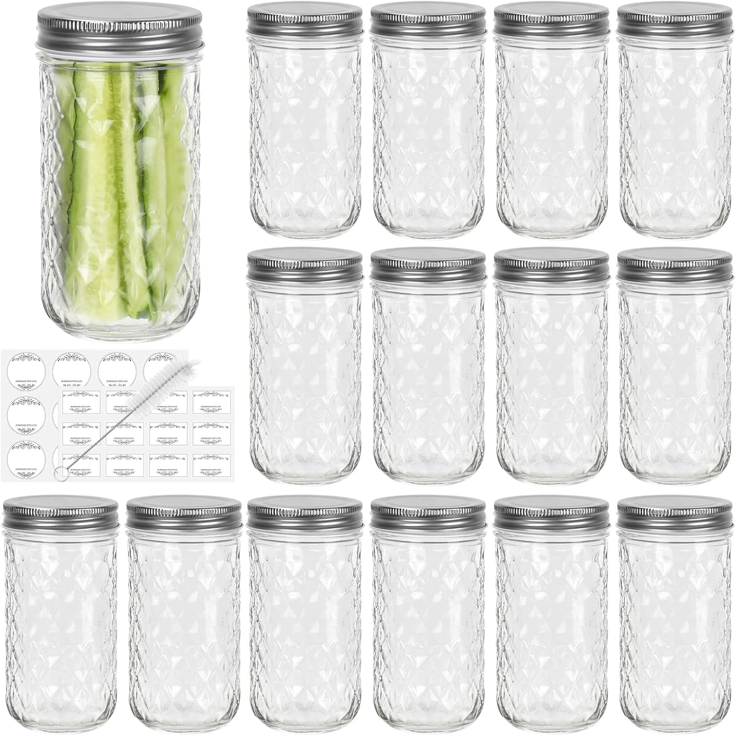 15 Pack 12oz Mason Jars with Silver Metal Lids - Glass Regular Mouth Canning Jars for Honey, Jam, Jelly, Favors, and Storage